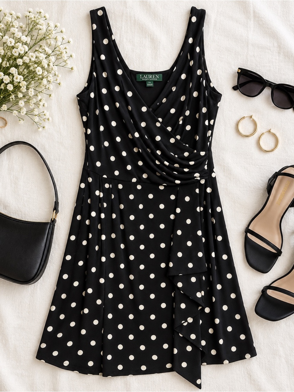 Ralph Lauren Black Polka Dot Faux-Wrap Mini Dress with White Dots